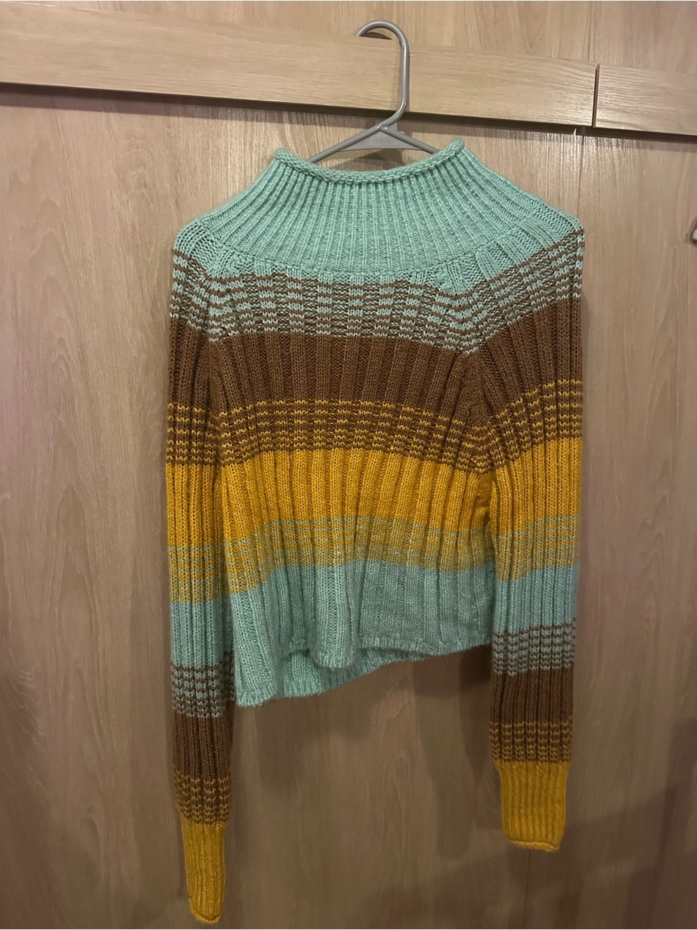 BDG Striped Ribbed Mock Neck Sweater in Mint, Mustard & Brown